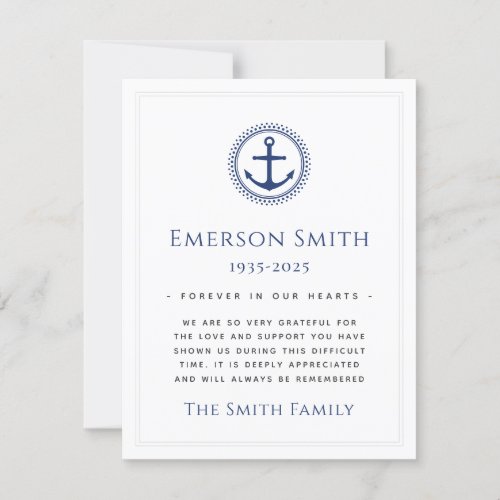 Nautical anchor funeral sympathy thank you card