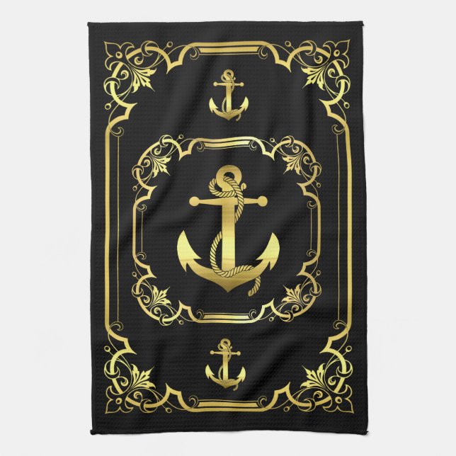 Nautical anchor gilded black/gold/black kitchen towel (Vertical)