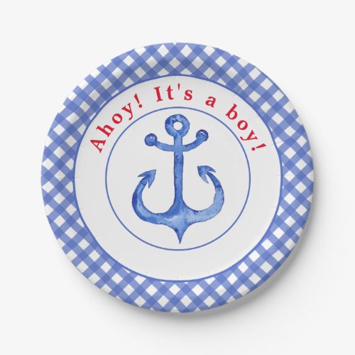 Nautical Anchor  Gingham Babyshower Paper Plate