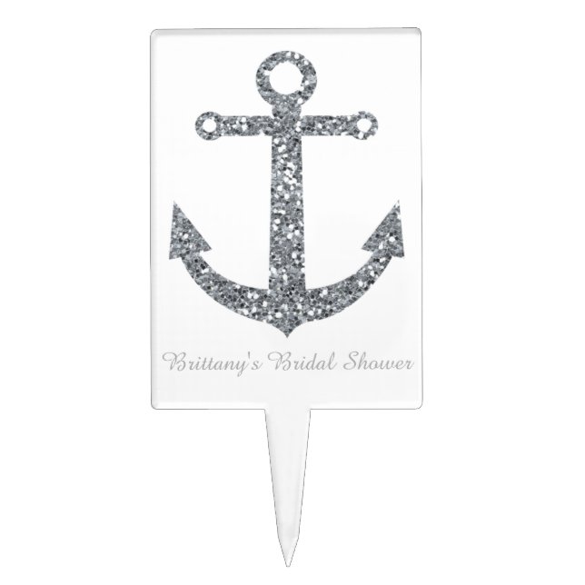 Nautical Anchor Glamour Silver Glitter Cake Topper (Front)