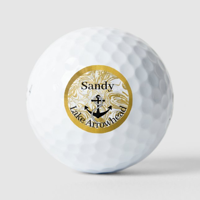 nautical anchor gold and white marble black golf balls (Front)