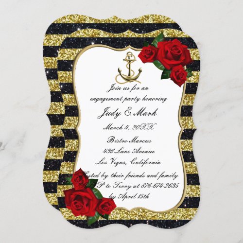 Nautical Anchor Gold Black Stripe Engagement Party Invitation