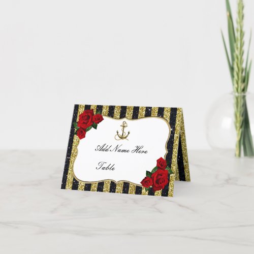 Nautical Anchor Gold Black Stripe Table Place Card