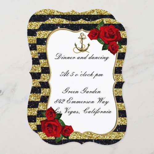 Nautical Anchor Gold Black Stripe WeddingReception Invitation