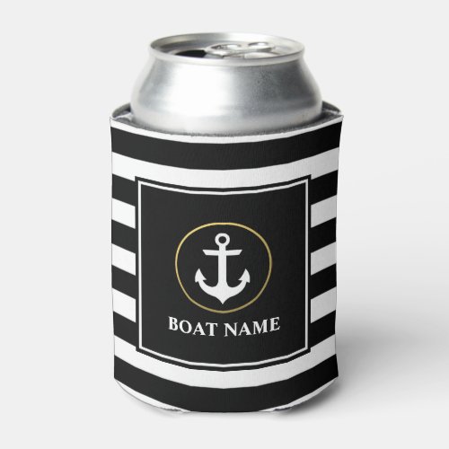 Nautical Anchor Gold Black Striped Boat Name Can Cooler