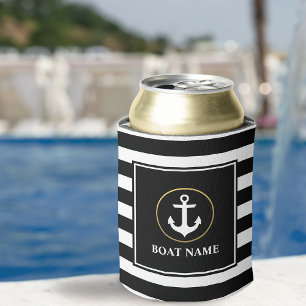 Nautical Anchor Gold Black Striped Boat Name Can Cooler