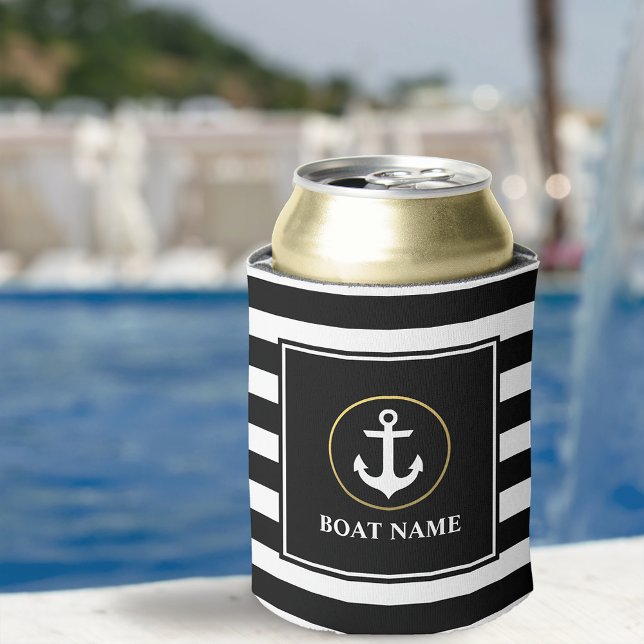 Nautical Anchor Gold Black Striped Boat Name Can Cooler (Customize to change text size or text style.)
