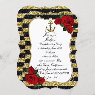 Nautical Anchor Gold Black Stripes Bachelorette Invitation