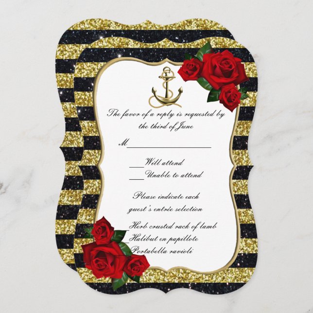 Nautical Anchor Gold Black Stripes Beach RSVP Invitation (Front/Back)
