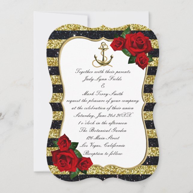 Nautical Anchor Gold Black Stripes Beach Wedding Invitation (Front)