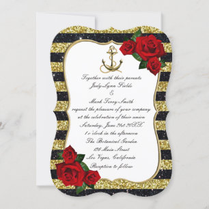 Nautical Anchor Gold Black Stripes Beach Wedding Invitation