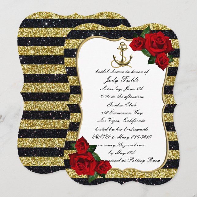 Nautical Anchor Gold Black Stripes Bridal Shower Invitation (Front/Back)