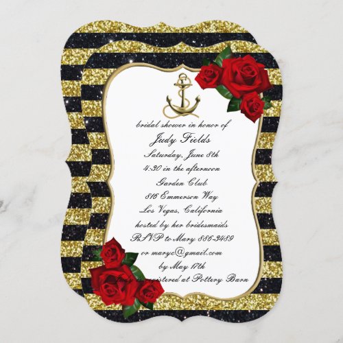 Nautical Anchor Gold Black Stripes Bridal Shower Invitation