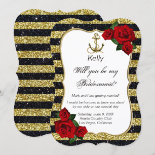 Nautical Anchor Gold Black Stripes Bridesmaid Invitation