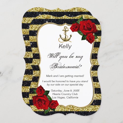 Nautical Anchor Gold Black Stripes Bridesmaid Invitation