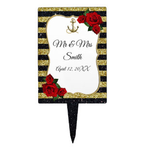 Nautical Anchor Gold Black Stripes Cake Topper