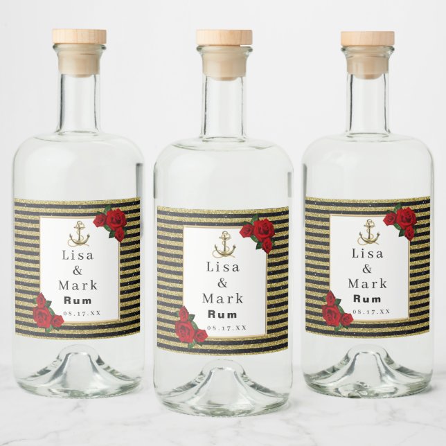 Nautical Anchor Gold Black Stripes Liquor Bottle Label (Bottles)