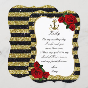 Nautical Anchor Gold Black Stripes Maid Of Honor Invitation