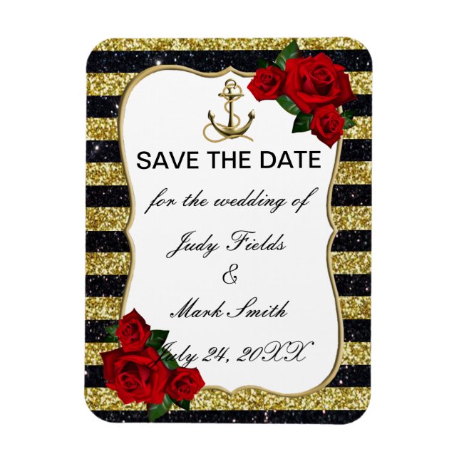 Nautical Anchor Gold Black Stripes Save The Date Magnet (Vertical)