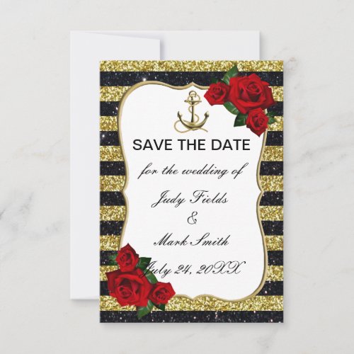 Nautical Anchor Gold Black Stripes Save The Date RSVP Card