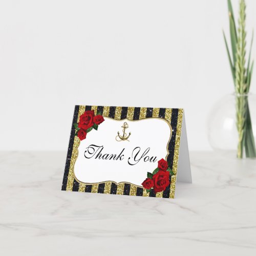 Nautical Anchor Gold Black Stripes Thank You Card