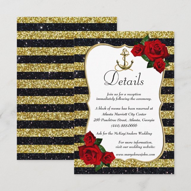 Nautical Anchor Gold Black Stripes Wedding Details Enclosure Card (Front/Back)