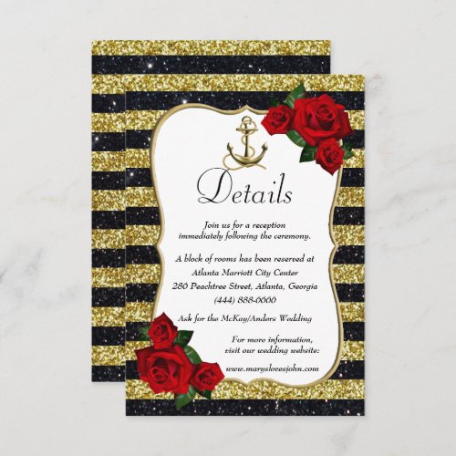 Nautical Anchor Gold Black Stripes Wedding Details Enclosure Card