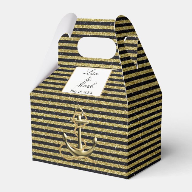Nautical Anchor Gold Black Stripes Wedding Favor Boxes (Front Side)