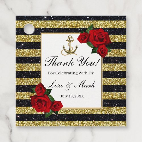 Nautical Anchor Gold Black Stripes Wedding Favor Tags