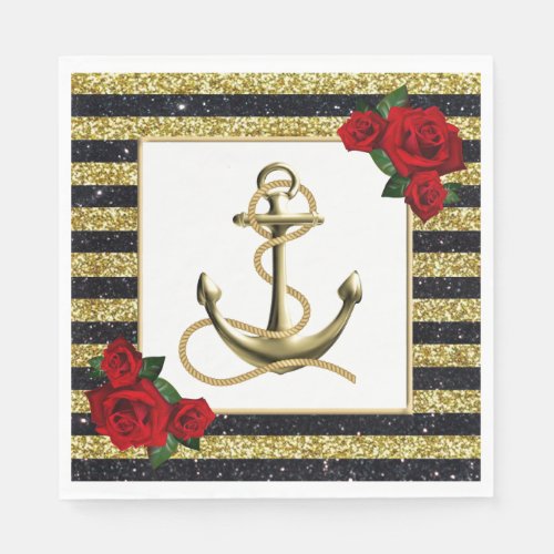 Nautical Anchor Gold Black Stripes Wedding Napkins
