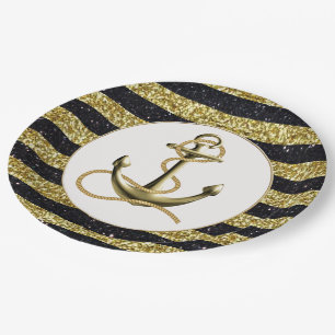 Nautical Anchor Gold Black Stripes Wedding Plates