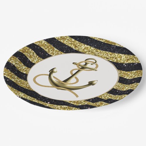 Nautical Anchor Gold Black Stripes Wedding Plates