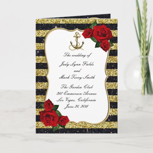 Nautical Anchor Gold Black Stripes Wedding Program