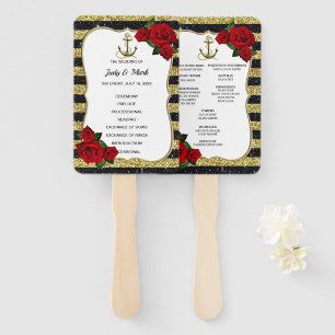 Nautical Anchor Gold Black Stripes Wedding Program Hand Fan