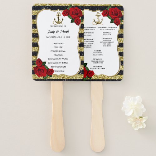 Nautical Anchor Gold Black Stripes Wedding Program Hand Fan