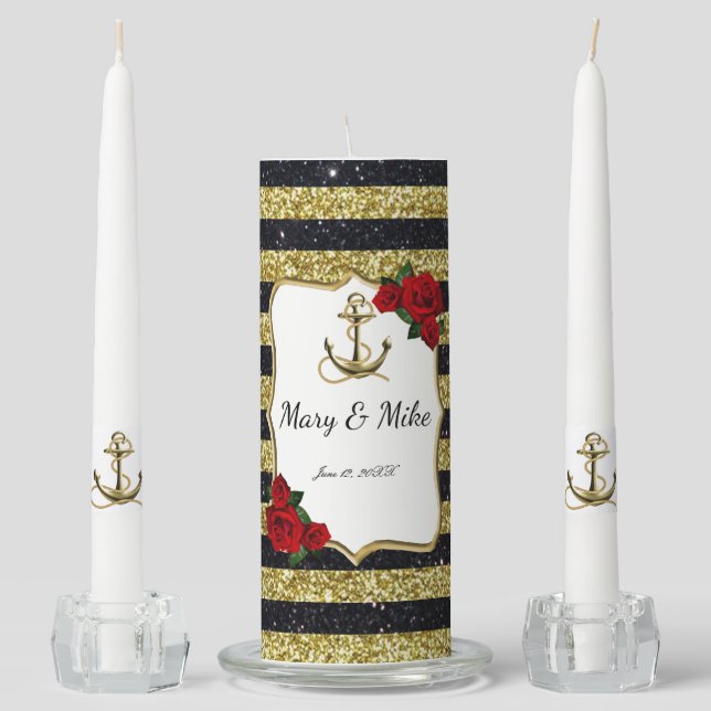Nautical Anchor Gold Black Stripes Wedding Unity Candle Set (Front)
