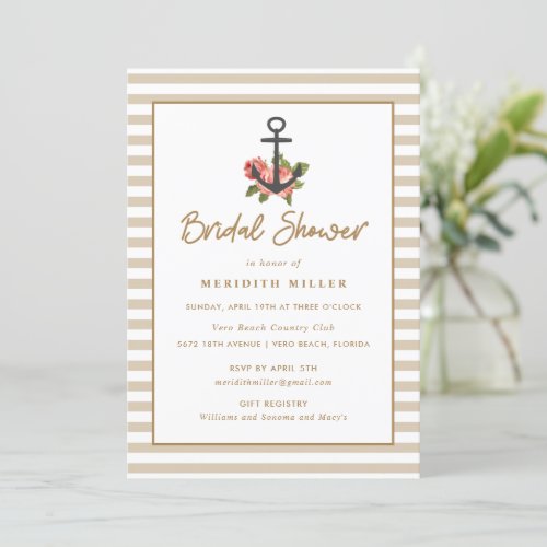 Nautical Anchor Gold Bridal Shower Party Invitation