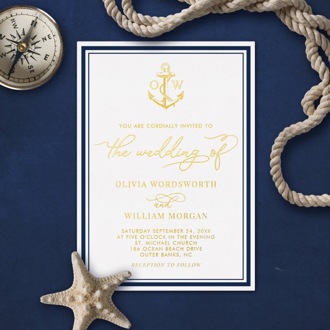 Nautical Anchor Gold Foil Monogram Wedding Foil Invitation (Creator Uploaded)