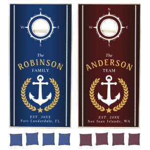 Nautical Anchor Gold Laurel Compass Family Name Cornhole Set