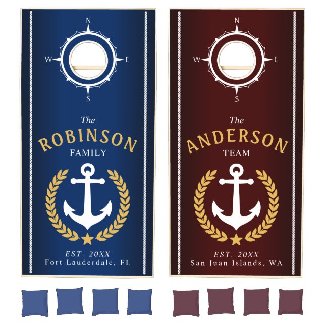 Nautical Anchor Gold Laurel Compass Family Name Cornhole Set (Set)