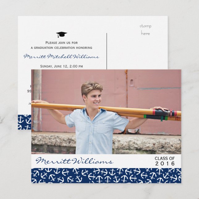 Nautical Anchor Graduation Class of 20XX Party Invitation Postcard (Front/Back)
