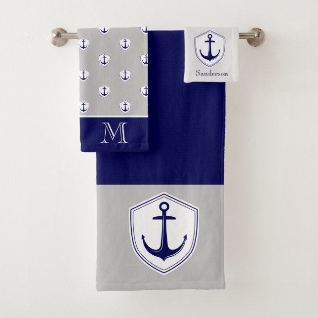 Nautical Anchor Gray Blue Navy Bathroom Bath Towel (Insitu)