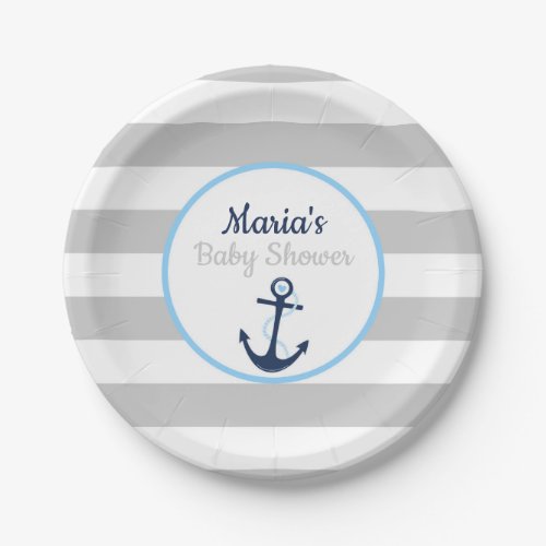 Nautical Anchor Gray Stripe Boy Baby Shower Plate