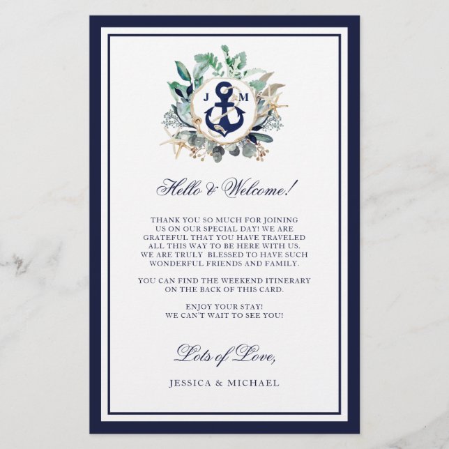 Nautical Anchor Greenery Wedding Welcome Itinerary (Front)