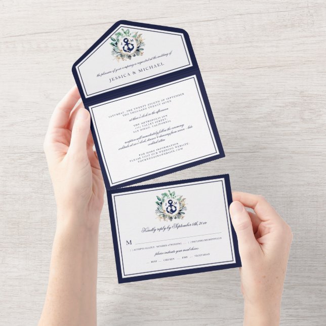Nautical Anchor Greenery Wreath Navy Wedding All In One Invitation (Tearaway)