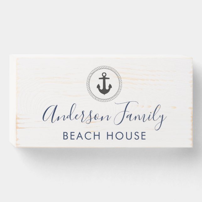 Nautical Anchor | Handwritten Calligraphy Family Wooden Box Sign (Front Horizontal)