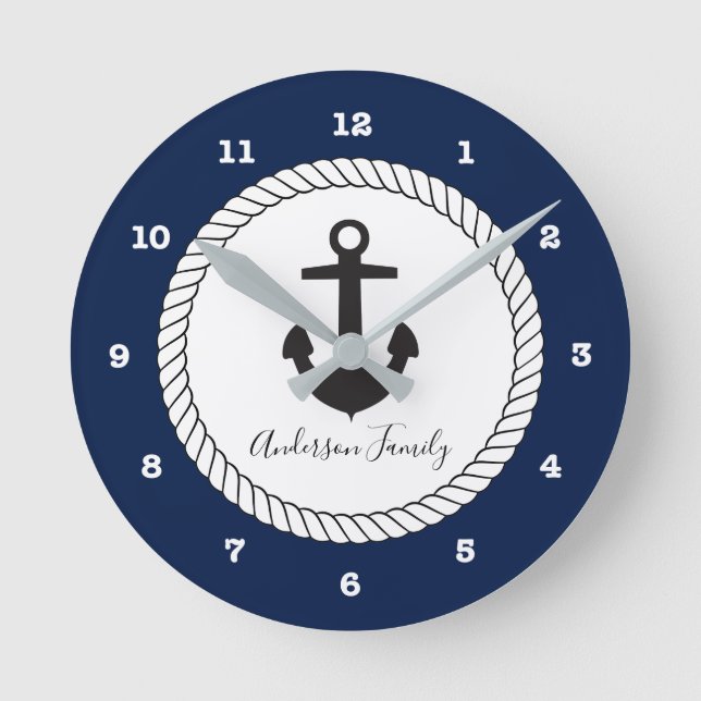 Nautical Anchor | Handwritten Family Round Clock (Front)