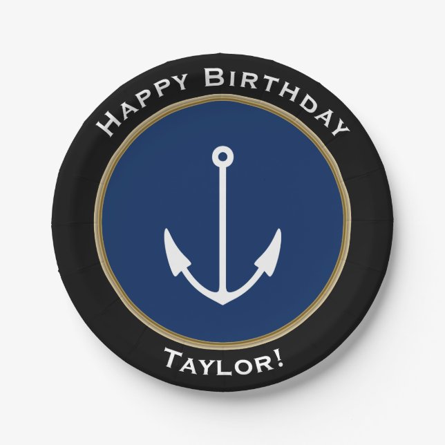Nautical Anchor Happy Birthday with Name Paper Plates (Front)