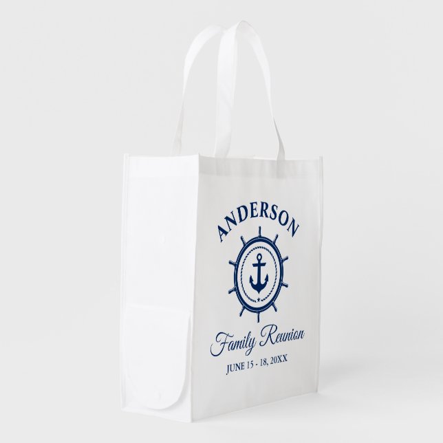 Nautical Anchor Helm Blue Family Reunion Reusable Grocery Bag (Front Side)