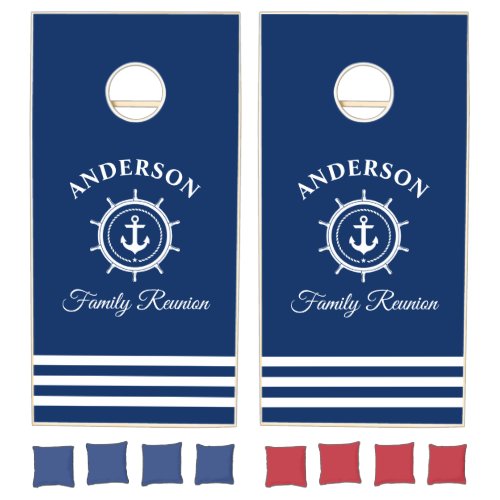 Nautical Anchor Helm Family Reunion Blue Striped Cornhole Set